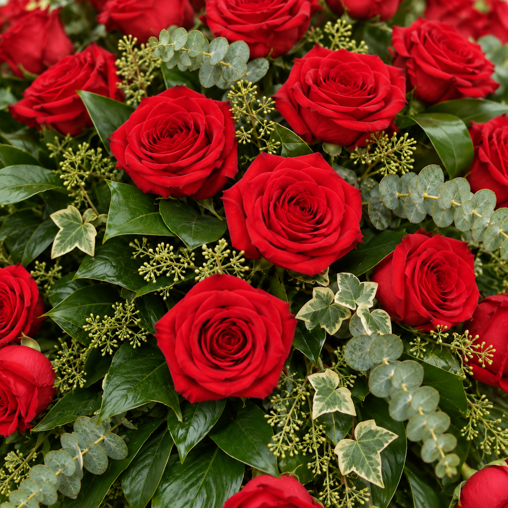 Rouwbloemstuk met rood rozen — detail van de rozen