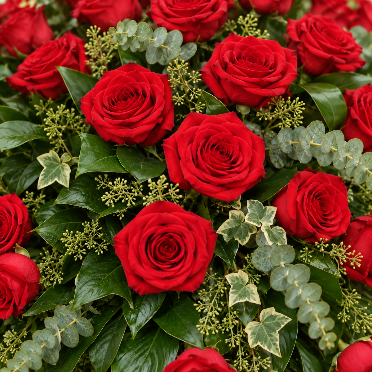 Rouwbloemstuk met rood rozen — detail van de rozen