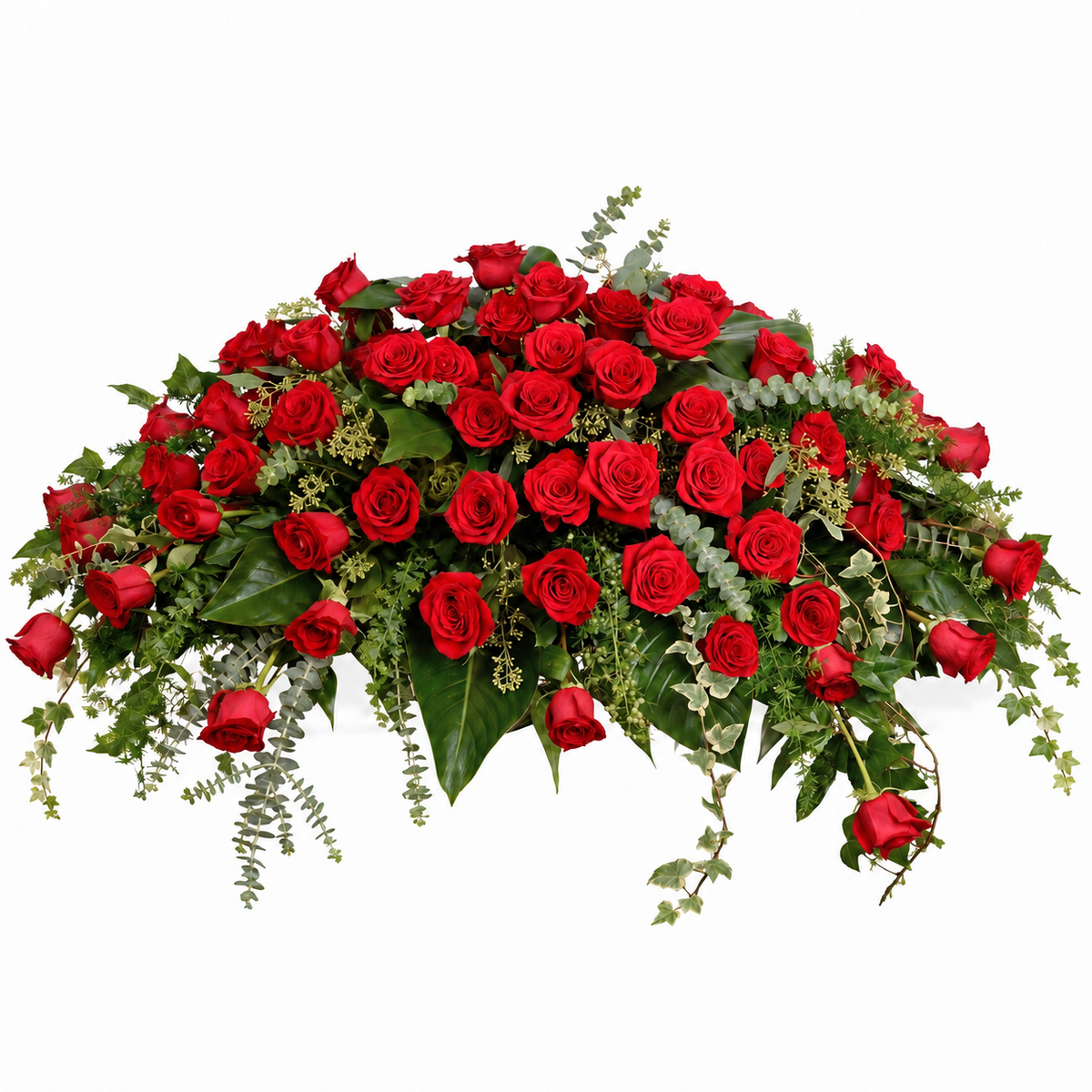 Rouwbloemstuk met rood rozen — volledig bloemstuk