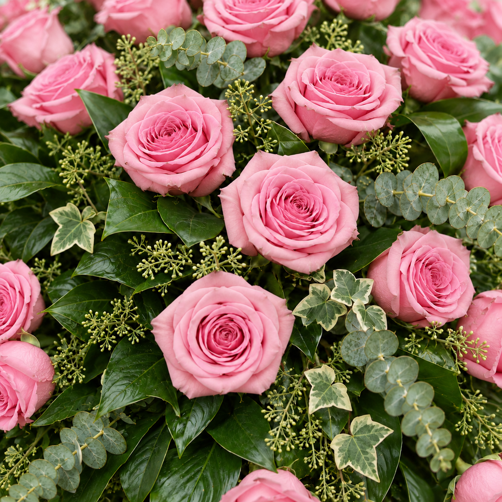 Rouwbloemstuk met roze rozen — detail van de rozen