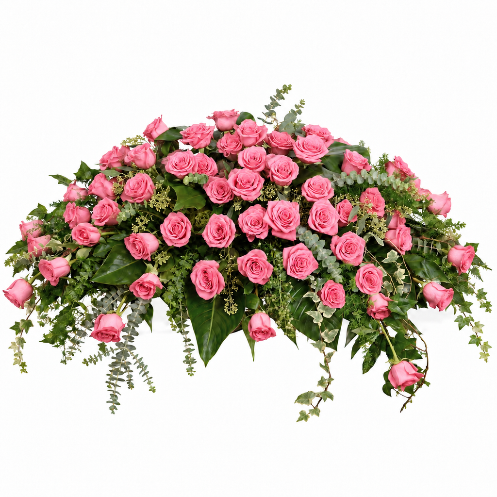 Rouwbloemstuk met roze rozen — volledig bloemstuk
