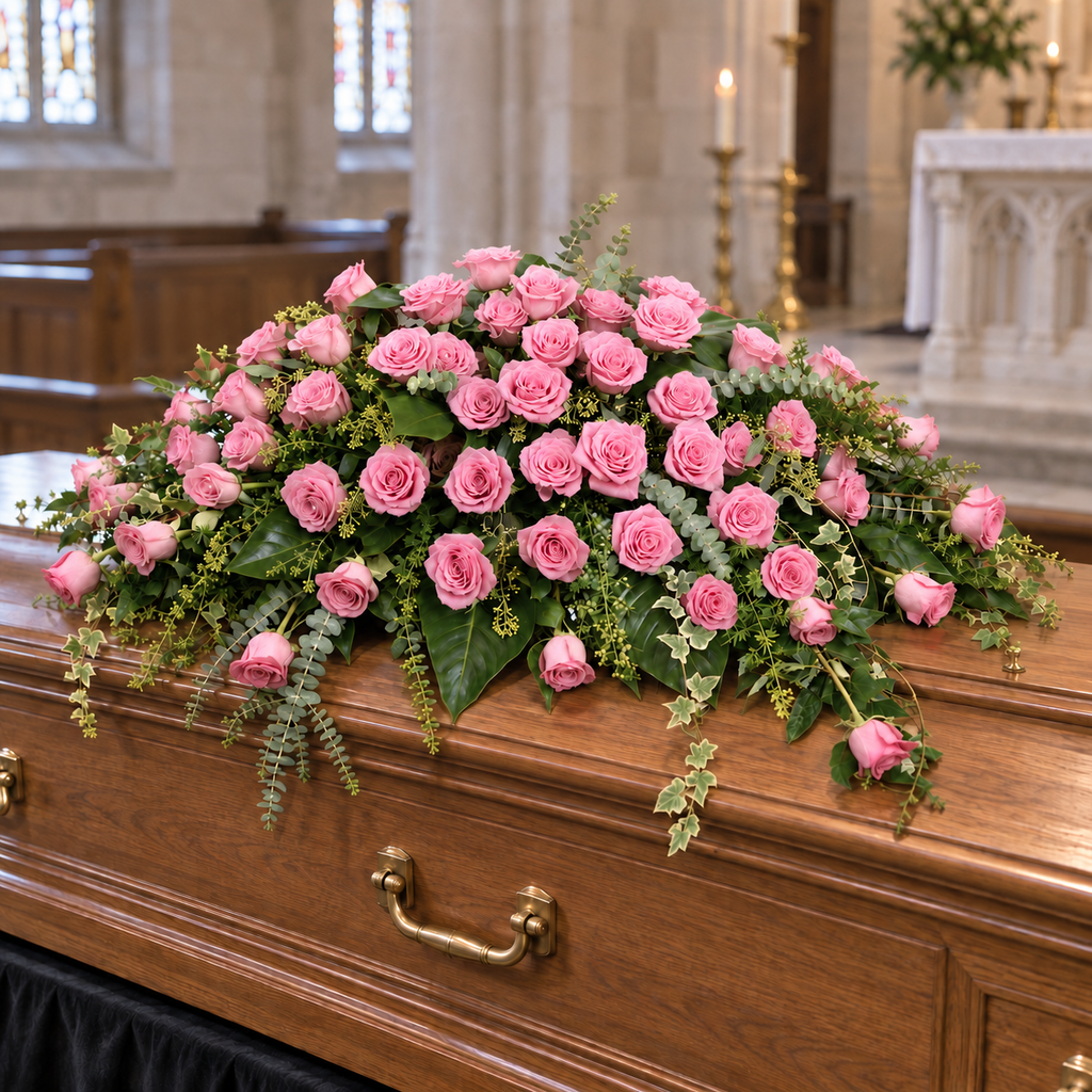 Rouwbloemstuk met roze rozen — plaatsingsvisualisatie op een gesloten kist