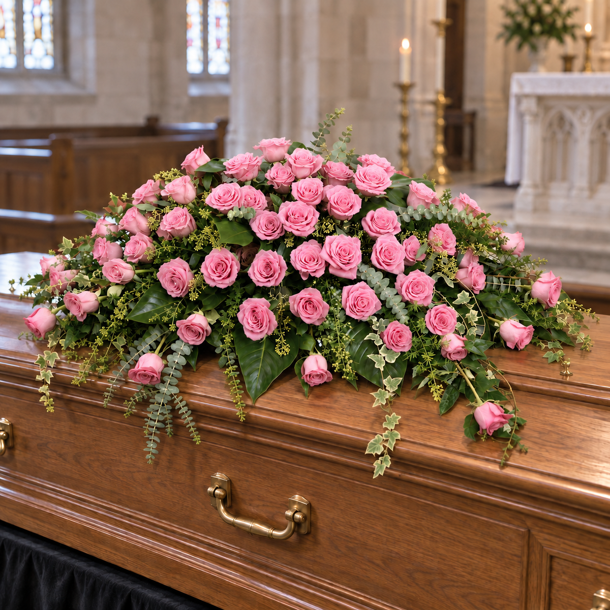 Rouwbloemstuk met roze rozen — plaatsingsvisualisatie op een gesloten kist