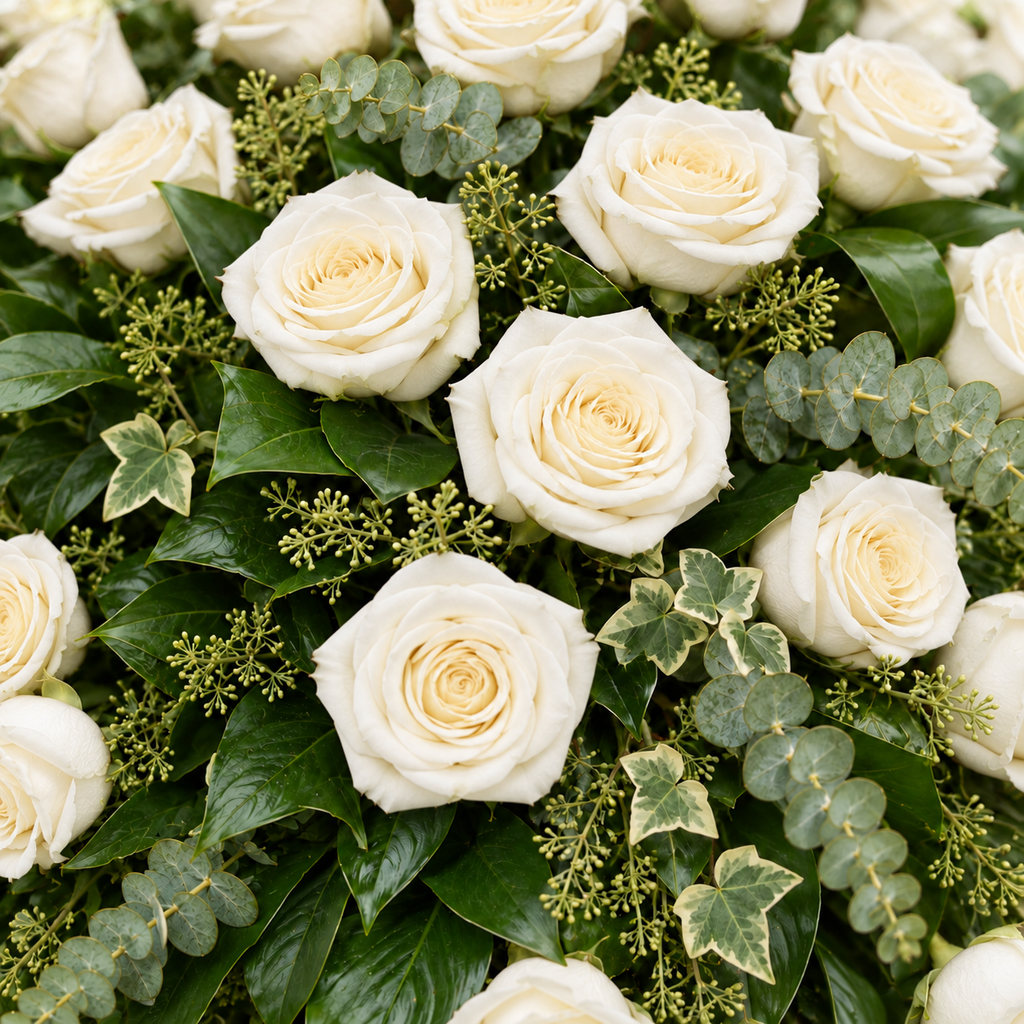 Rouwbloemstuk met wit rozen — detail van de rozen