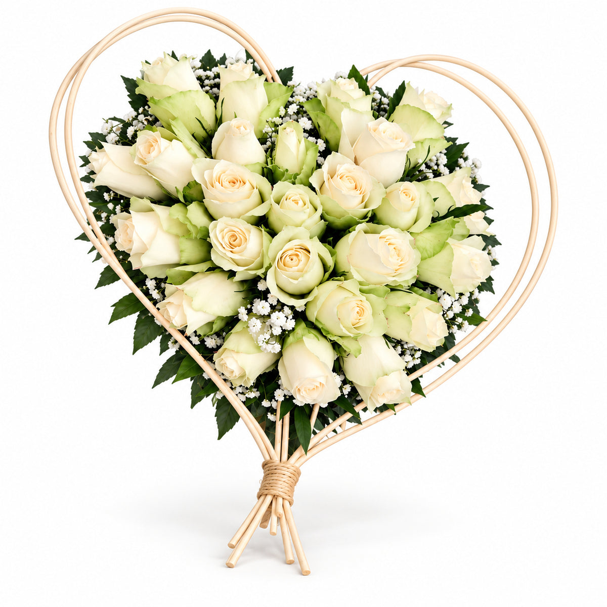 Stille Omhelzing - rouwhart met witte rozen op witte achtergrond