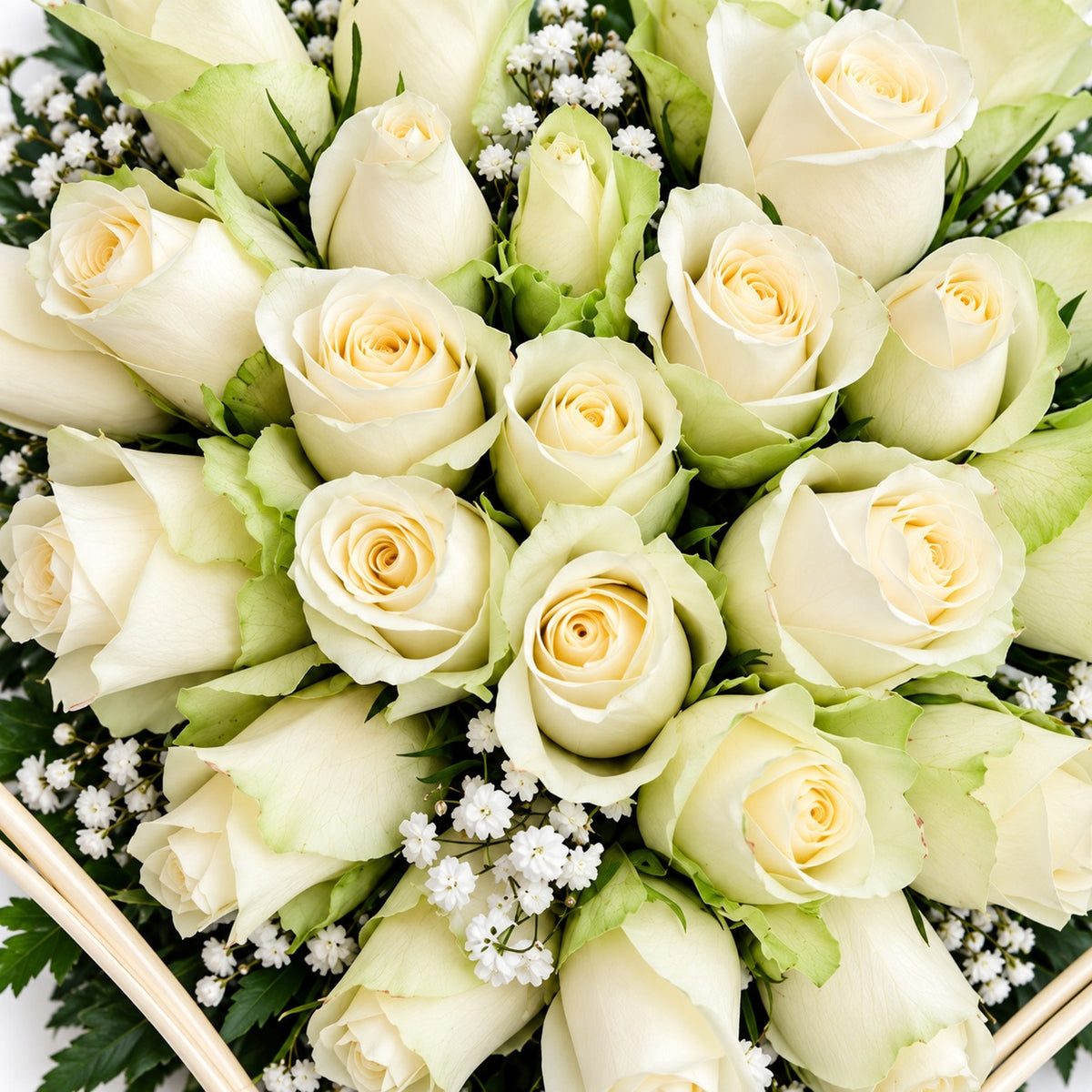 Detail van witte rozen en fijne witte bloemetjes