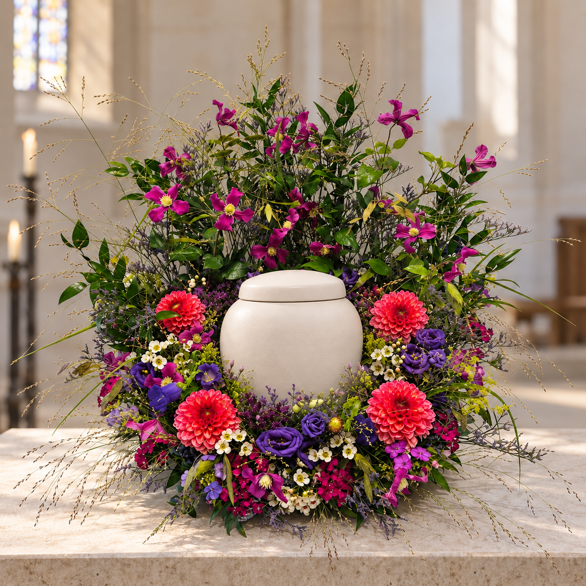Plaatsingsvisualisatie van Urnbloemstuk Bloeiende Weide met een urn in een kerk