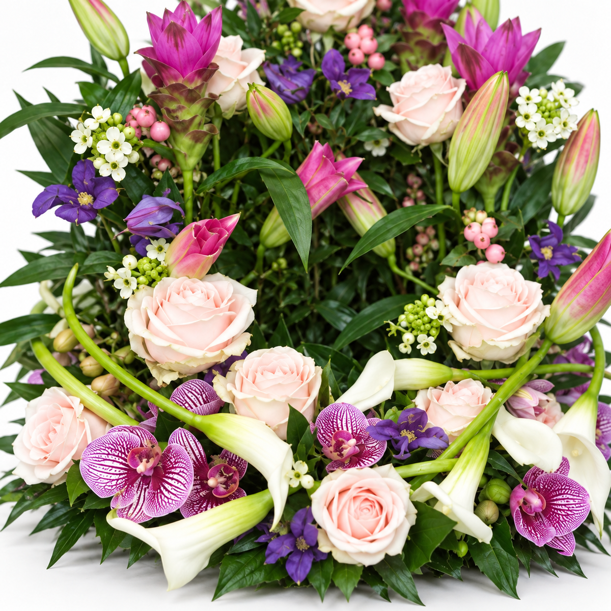 Detail van Zachte Omhelzing met lichtroze rozen, witte calla’s en paars-witte orchideeën