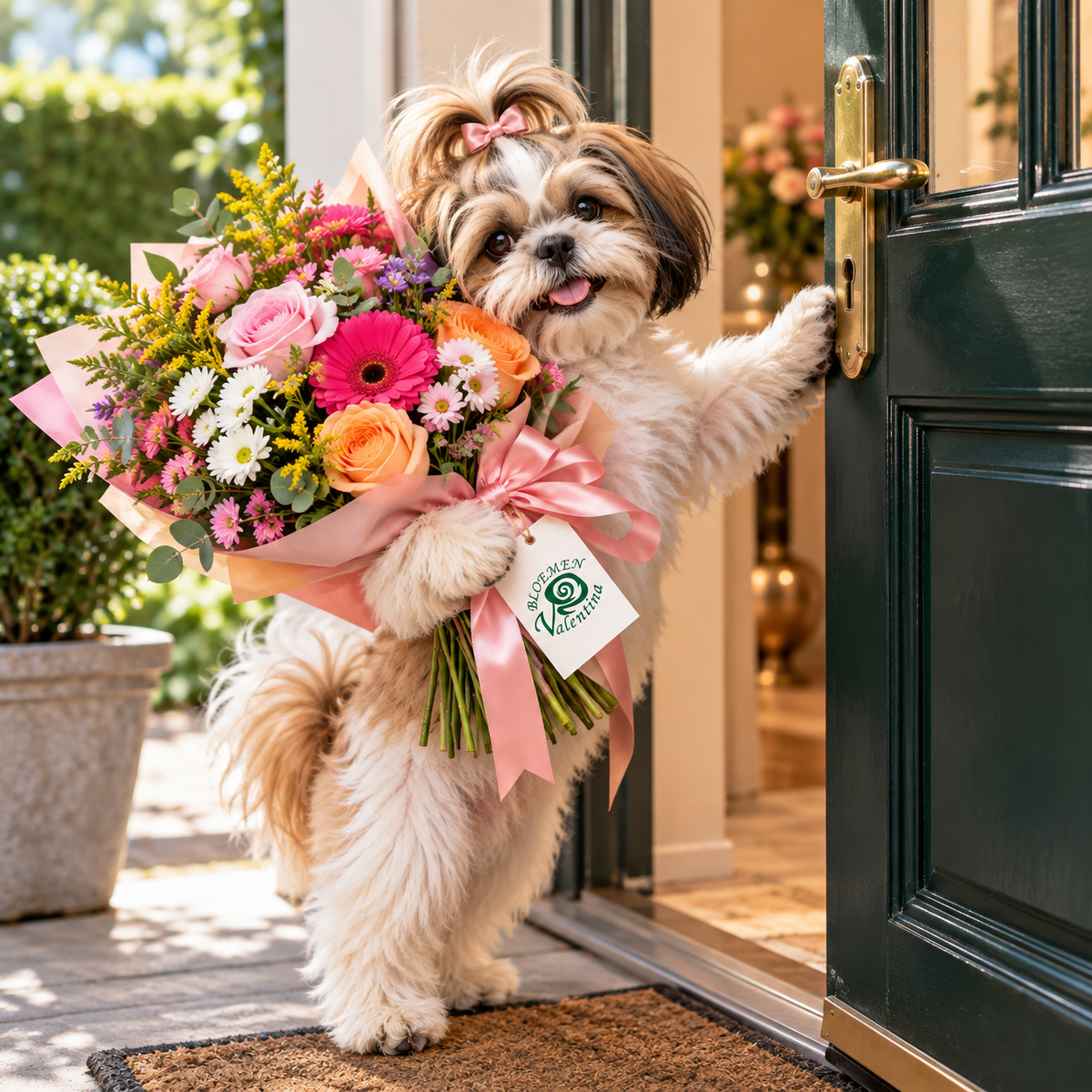 Shih Tzu opent de deur met Verrassingsboeket van Bloemen Valentina