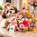 Verrassingsboeket van Bloemen Valentina in warm interieur met Shih Tzu