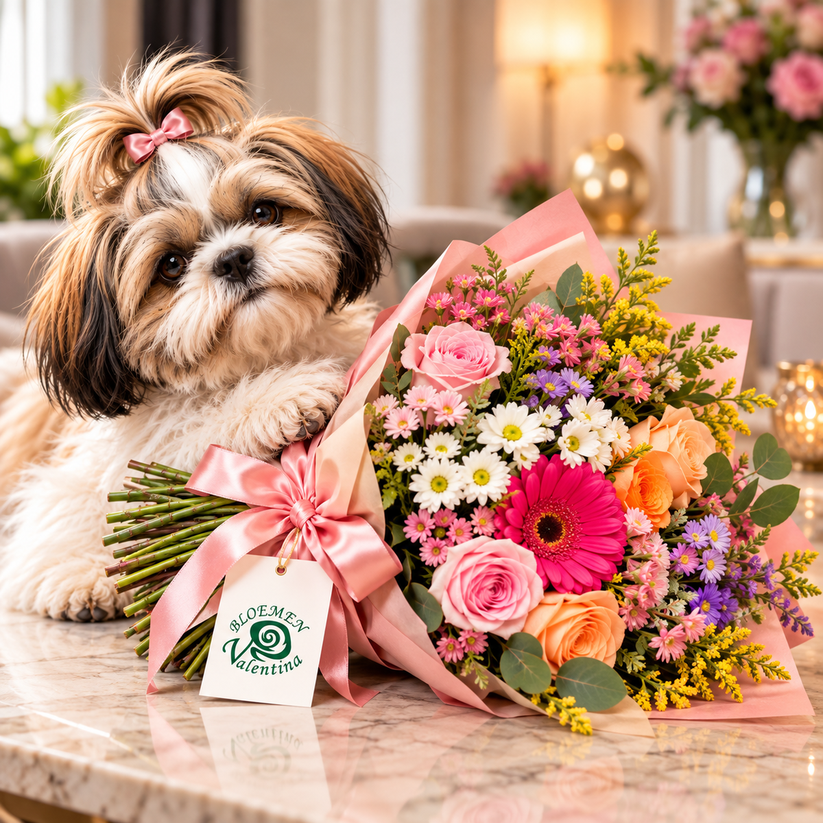 Verrassingsboeket van Bloemen Valentina in warm interieur met Shih Tzu