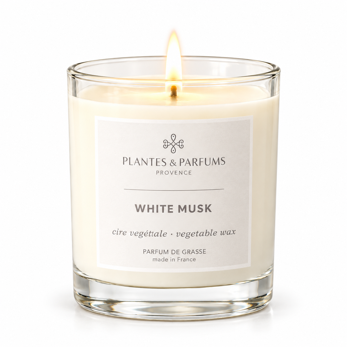White Musk geurkaars 180 g van Plantes & Parfums op witte achtergrond