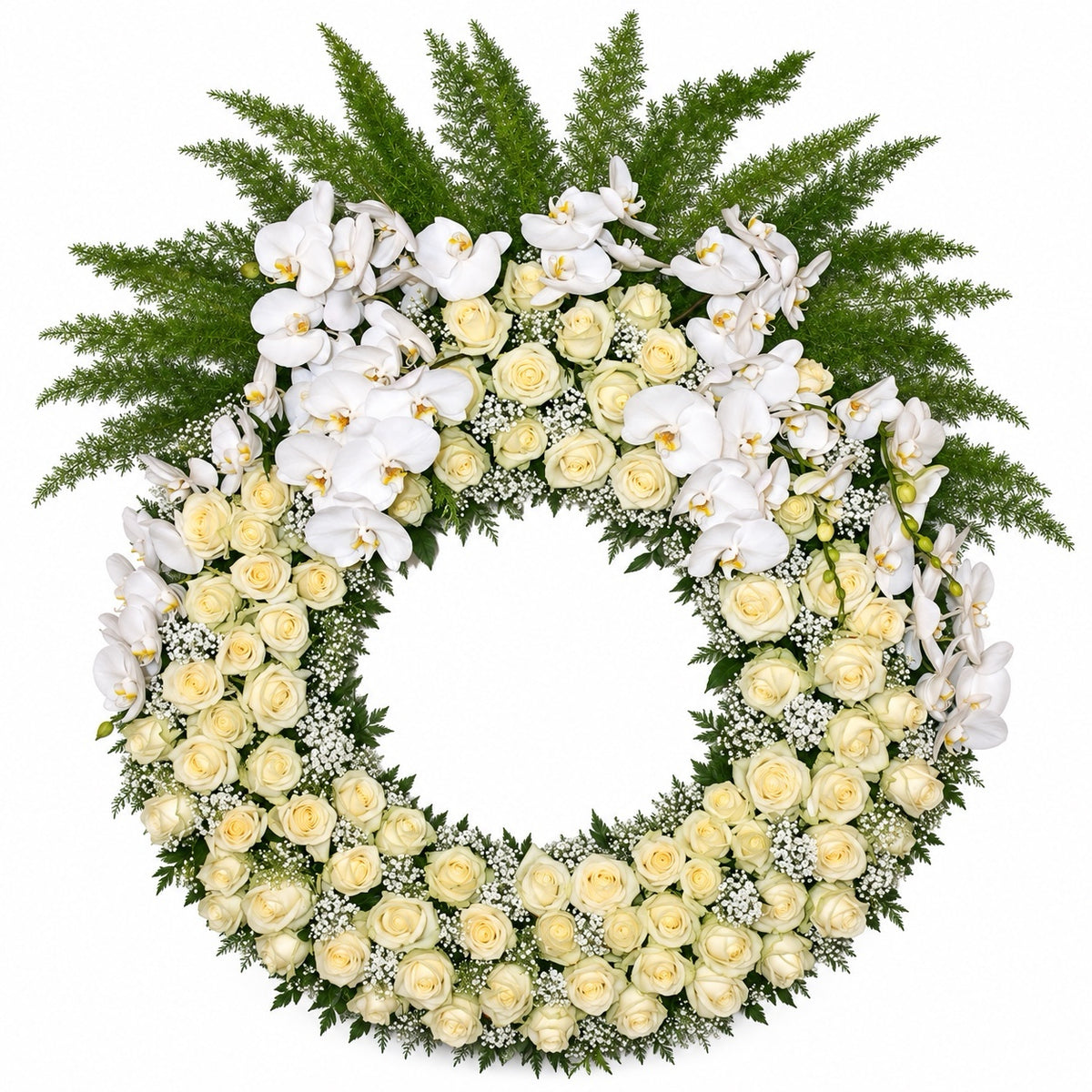 Grote rouwkrans Witte Geborgenheid met witte orchideeën en crèmewitte rozen
