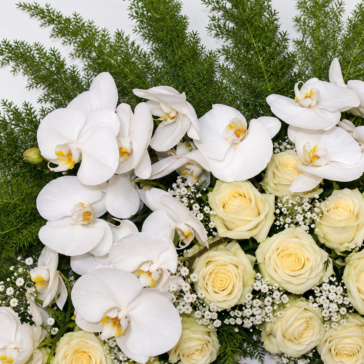 Detail van witte orchideeën en crèmewitte rozen