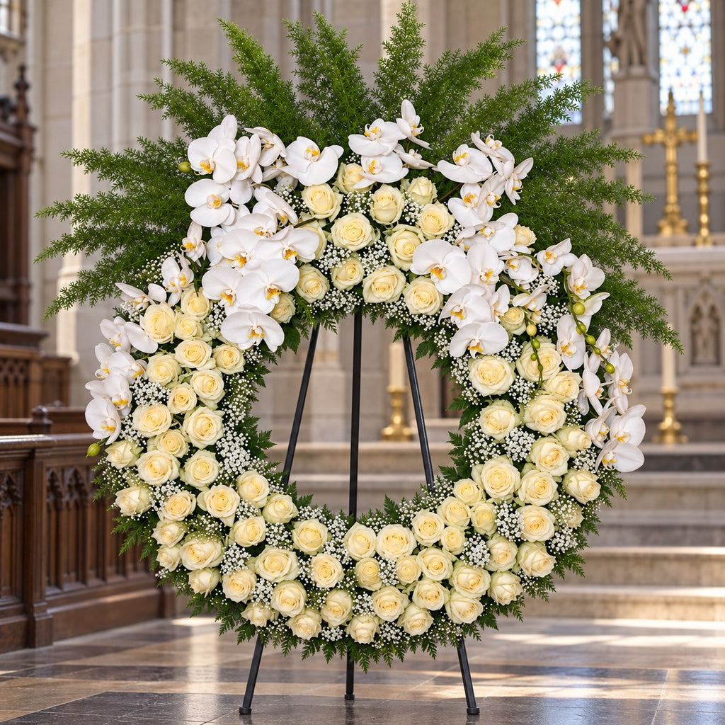 Plaatsingsvisualisatie van de rouwkrans op een standaard in de kerk