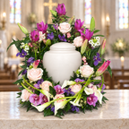 Plaatsingsvisualisatie van Zachte Omhelzing met grotere urn in een kerk